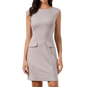 Allegra K Women's Houndstooth Sleeveless Dress - Brown and White
